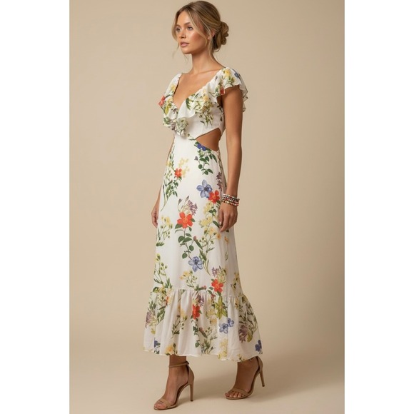 Dynamite Dresses & Skirts - Dynamite Floral Cut-Out Maxi Dress Size XS White Botanical Ruffle Summer Boho